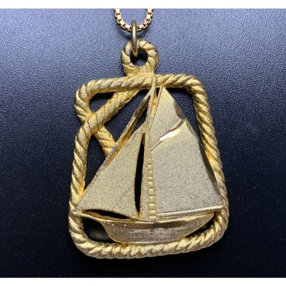 Sailboat Pendant Necklace Etched Matte Gold Tone Over Pewter Classic Vintage - Picture 8 of 10